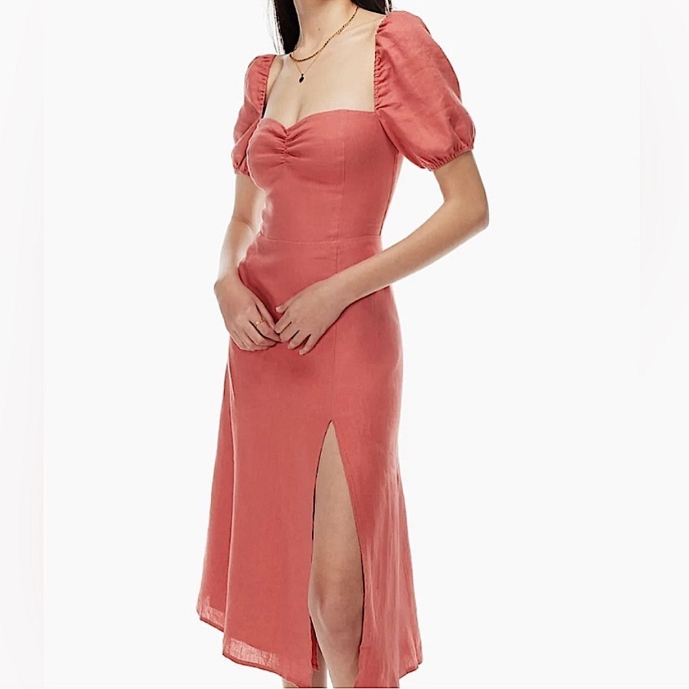 Aritzia Wilfred Dame Linen Puff Sleeve Midi Dress in Warm Sienna Red | Size 2